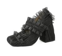 JCVBN - Zapatos Mary Jane de moda para mujer, con encaje, plisados, punta cuadrada, dulce Lolita, poco profunda, retro, elegante, tacones altos, para boda, Black, 38 EU