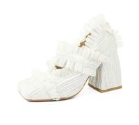 JCVBN - Zapatos Mary Jane de moda para mujer, con encaje, plisados, punta cuadrada, dulce Lolita, poco profunda, retro, elegante, tacones altos, para boda, White, 37.5 EU