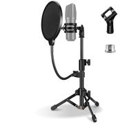 JCWNIY - Escritorio plegable portátil para micrófono, trípode de escritorio, altura ajustable, soporte de micrófono con filtro pop, clip de micrófono de montaje de choque de 1/4 a 5/8 pulgadas,