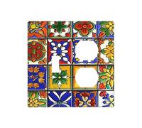 JDAKHD Colorido patrón marroquí Talavera decorativo para toma de corriente de 2 bandas, placa de pared dúplex, rojo, azul y amarillo, placa frontal eléctrica para interruptor de luz, baño, dormitorio