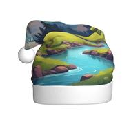 JDbncxe Sombrero de Navidad con estampado de montañas verdes y aguas claras para adultos, sombrero de Papá Noel unisex, recuerdos de Navidad y Año Nuevo, sombreros festivos