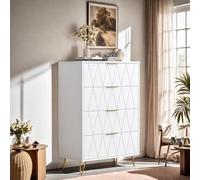 JDEFARF Cómoda blanca con cajones, cómoda alta y moderna para dormitorio, cómoda acanalada de madera, organizador de armario de almacenamiento (4 cajones)