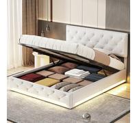 JDEFARF Marco de cama de almacenamiento elevable, 140 x 200 cm, con cabecero ajustable y luces LED, marco de cama de plataforma tapizado, listones de madera (140 x 200 cm)