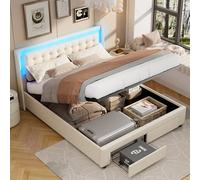 JDEFARF Marco de cama tapizado con cajones de almacenamiento, diseño de plataforma, cabecero LED RGB ajustable, tejido de terciopelo (beige, 140 x 190 cm)