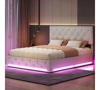 JDEFARF Marco de cama tapizado de 160 x 200 cm, plataforma hidráulica de almacenamiento con LED, cabecero ajustable, diseño moderno, perfecto para dormitorio y apartamento, no necesita somier (beige,