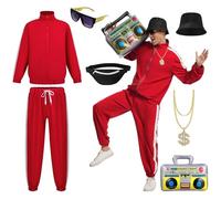 JDFAIJEAL Conjunto de disfraz de hip-hop para hombre - Chaqueta de entrenamiento negra con gorro, gafas, cadena redonda dorada, riñonera y globo Boombox - Traje de hip-hop para fiesta, Halloween