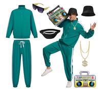 JDFAIJEAL Conjunto de disfraz de hip-hop para hombre - Chaqueta de entrenamiento negra con gorro, gafas, cadena redonda dorada, riñonera y globo Boombox - Traje de hip-hop para fiesta, Halloween