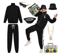 JDFAIJEAL Conjunto de disfraz de hiphop para hombre, chándal negro con sombrero, gafas, collar redondo dorado, riñonera y globo Boombox, traje de hip hop para fiesta, Halloween, cosplay (negro, XXXL)