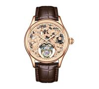 JDLERMY Flying Tourbillon - Reloj de pulsera mecánico para hombre, esfera de diamante, espejo de zafiro, reloj hueco de doble cara, diseño de ratas del zodiaco chino, Cuero marrón rosa, Clásico