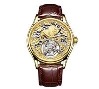 JDLERMY Flying Tourbillon - Reloj mecánico de cuerda manual para hombre, esfera de diamante, esfera de diamante, zafiro, reloj hueco de doble cara, diseño del zodiaco chino, patrón de ganado que