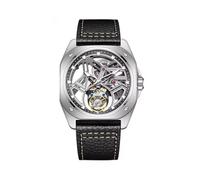 JDLERMY Reloj de pulsera mecánico con esfera esquelética para hombre, con movimiento Tourbillon real, cristal de zafiro, doble cara, hueco, impermeable, con correa de piel luminosa, Plata y negro