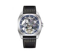 JDLERMY Reloj de pulsera mecánico con esfera esquelética para hombre, con movimiento Tourbillon real, cristal de zafiro, doble cara, hueco, impermeable, con correa de piel luminosa, azul oscuro