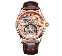 JDLERMY Tourbillon - Reloj mecánico vintage para hombre, esfera de diamante, esfera de diamante, zafiro, reloj hueco de doble cara, zodiaco chino, patrón de loong que significa rico y respetuoso