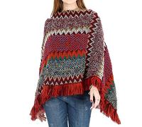 Jdlsppl Poncho bohemio para mujer, suéter de punto en zigzag, para adultos, poncho azteca mexicano, envolvente, invierno, otoño, hippie, suave, convertible con borlas, chal, de ganchillo, capa
