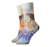 JDNFDR Doodle Rock Music - Calcetines de compresión de moda, calcetines de compresión acolchados de poliéster de alto rendimiento, para correr, atletismo, Atrapasueños, plumas y lobo, Altoa única