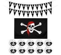 JDNFKG 1 Juego De Decoración Temática Pirata, 10 Piezas De Máscaras Oculares De Pirata De Fieltro, Bandera De Calavera, Mini Bandera De Calavera, Decoración De Mascarada.