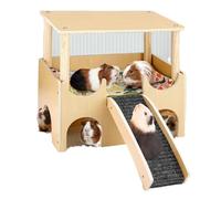 JDNH Casa de roedores de madera con 3 escondites de entrada con rampas antideslizantes y diseño de 2 pisos para animales pequeños que escalan y descansan escondites de animales pequeños con agujeros