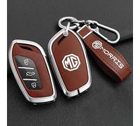 JDRDP Llavero Coche para MG ZS Exclusive 2017-2020, Funda para Llaves de Coche Protector de Cuero Estuches de Llave para Hombre y Mujer,Brown- Silver Bracelet