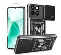 JDXHFF Funda Compatible con ZTE Blade A35 / ZTE Blade A55 (6.75") con 1 x Vidrio Templado Protector de Pantalla - PC Dura y Suave TPU Carcasa Silicone con Giratorio de 360° Soporte Cubierta Case Negro