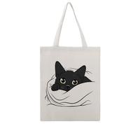 JDYANSHENG Bolsa de lona con diseño de gato negro que mira desde la manta, perfecta para picnic al aire libre, fiesta, compras, viajes, asas resistentes, regalo inspirado 38 x 46 cm