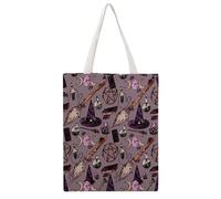 JDYANSHENG Bolsa de lona con diseño de sombrero de bruja, escoba, luna, cristal, perfecta para picnic al aire libre, fiesta, compras, viajes, asas resistentes, regalo inspirado 38 x 46 cm