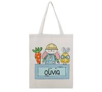 JDYANSHENG Bolsa de lona con etiqueta de nombre de conejo, zanahoria, pollito, perfecta para picnic al aire libre, fiesta, compras, viajes, asas resistentes, regalo inspirado 38 x 46 cm