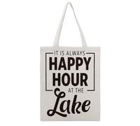 JDYANSHENG Bolsa de lona con texto en inglés "It Is Always Happy Hour At The Lake, perfecta para picnic al aire libre, fiesta, compras, viajes, ideal para asas, regalo inspirado, 38 x 46 cm
