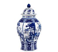jdzjybqx Jarrones de cerámica pintados a mano chinos tarros de jengibre Jarrón de porcelana azul y blanco con tapa para decoración del hogar, 1 tarro de templo con diseño de personas de Jingdezhen