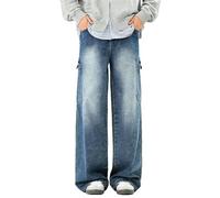 Jean Baggy Hombre Y2K Streetwear Vintage Loose Fit Pantalones de Denim Ancho Hombre Recto Casual Traje Medieval Renacimiento Gótico Medias De Jogging Pantalones Deportivos, Azul oscuro., XL