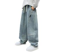 Jean Baggy Niño Niño Pantalones de Denim Clásico Pierna Recta Chico Jean Bootcut Pantalones largos con Bolsillos sueltos Vintage Hip Hop Streetwear 2025 Primavera Otoño, azul claro, 11- 12 años
