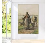 Jean Francois Millet «Campesina conduciendo su vaca y oveja por el campo» Impresiones en lienzo, pintura al óleo, decoración del hogar (60 x 80 cm/sin marco)