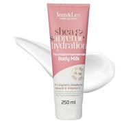 Jean & Len Body Milk shea & supreme hydration, para piel seca, aporta a la piel 48 horas de hidratación, con Vitamin E, textura cremosa, aroma a coco, sin parabenos ni siliconas, vegana, 250 ml