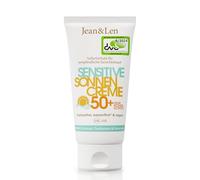 Jean & Len crema solare sensibile SPF 50+ resistente all’acqua, protezione immediata per pelle del viso sensibile, senza siliconi, nanoparticelle e octocrylene, vegana, formato da viaggio 50 ml