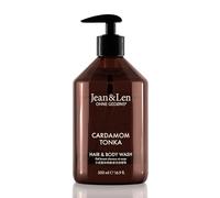 Jean & Len Hair & Body Wash Cardamom & Tonka, nutre y limpia el cabello y el cuerpo, con complejo hidratante, suave aroma especiado de cardamomo y tonka, sin parabenos ni siliconas, vegano, 500 ml