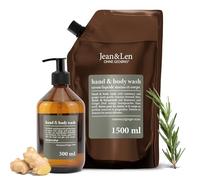 Jean & Len Hand & Body Wash Jabón líquido para manos y cuerpo con romero y jengibre, limpia e hidrata la piel, sin parabenos, botella de vidrio de 500 ml y bolsa de recambio de 1,5 l