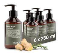 Jean & Len jabón de manos Romero & Jengibre, limpia las manos estresadas, para uso diario, jabón líquido en dosificador recargable, sin parabenos, siliconas ni microplásticos, 6 x 250 ml