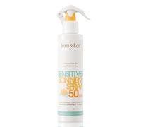 Jean & Len spray solare sensibile SPF 50 resistente all’acqua, adatto a pelle sensibile, senza siliconi, octocrylene e profumi, vegano, flacone spray 250 ml