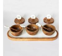 Jeanne Fitz Juego de 7 cuencos de embutidos, 3 cuencos pequeños de madera de acacia con tapas, 1 bandeja y 3 tablas de charcutería. Accesorios: cuchara, esparcidor de miel, platos de servir para