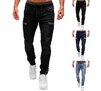 Jeans ajustados para hombre, de talle bajo, cintura elástica, con cordón, ajustados, con múltiples bolsillos, pantalones clásicos casuales, desgastados, azul claro, L