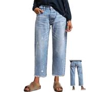 Jeans Capri de Corte Recto para Mujer: Mezclilla elástica, Tobilleros, Estilo Boyfriend Holgado, con bajo Deshilachado y Bolsillos (Light Blue,S)