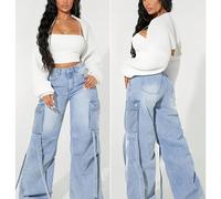 Jeans Cargo de Cintura para Mujer - Cinturilla Elástica, Múltiples Bolsillos, Denim Azul, Estilo Y2K Hip-Hop Streetwear, Pantalones Casuales Todo el Año