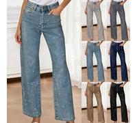 Jeans Damen High Waist Stretch Weites Bein Hose Baggy Wide Leg Straight Fit Jeans Glitzer Jeanshose Große Größe Tailliert Lang Hosen Mode Y2K Hip Hop Style Vintage Freiziethose gerade Damenjeans