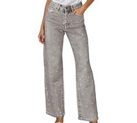 Jeans Damen High Waist Stretch Weites Bein Hose Baggy Wide Leg Straight Fit Jeans Glitzer Jeanshose Große Größe Tailliert Lang Hosen Mode Y2K Hip Hop Style Vintage Freiziethose gerade Damenjeans