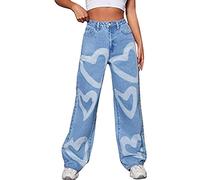 Jeans Damen Straight Leg Jeanshosen Herzmuster Drucken Baggy Denimhose Weitem Bein High Waist Jeans Korean Fashion Y2K Style Freizeithose Harajuku Gewaschen Denimhose Outdoorhosen, azul claro, S