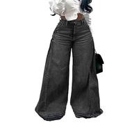 Jeans de Mujer de Talle Alto y Pierna Ancha (Estilo Barril) -Holgados y Acampanados - Diseño de Moda con Costuras y Dobladillo sin rematar - Estilo Vintage Y2K (Black/Grey,M)