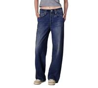 Jeans de pierna ancha para mujer, tiro medio, cintura elástica, ajuste recto, ajuste relajado, elásticos, cierre de botón, pantalones de mezclilla casuales holgados para uso diario, azul oscuro, XS