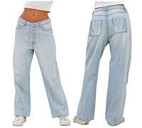 Jeans de tiro bajo para mujer, pierna recta, holgados, de cintura alta, casuales, holgados, a la moda, estilo novio, vintage, holgados, con bolsillos, ropa de calle, azul claro, S