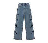 Jeans for Girls Baggy Wide Leg Cute Bows Love Heart Jeans Teen Loose Fit High Elastic Waisted Denim Pants Kids Straight Bootcut School Trousers Fashion Y2K Streetwear