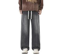 Jeans holgados de pierna ancha, rectos, cintura elástica, hip hop, diseño de retazos, gris, M