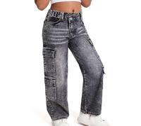 Jeans holgados para niñas, pantalones cargo ligeros de cintura alta, pantalones de mezclilla elásticos de pierna ancha de 6 a 13 años, desgastados, a la moda, para adolescentes, ropa de calle Y2K con
